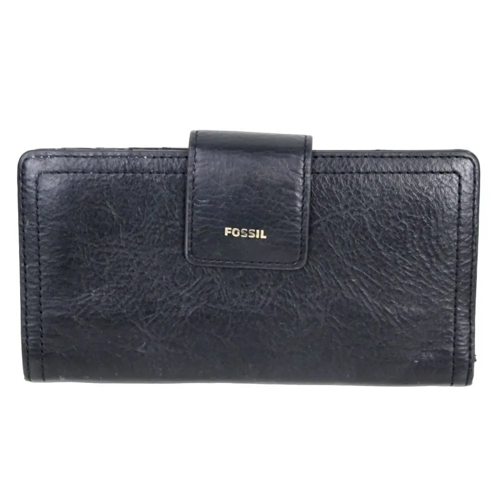 FOSSIL BLACK GENUINE LEATHER ID CARD COIN HOLDER BILL BIFOLD WALLET PURSE